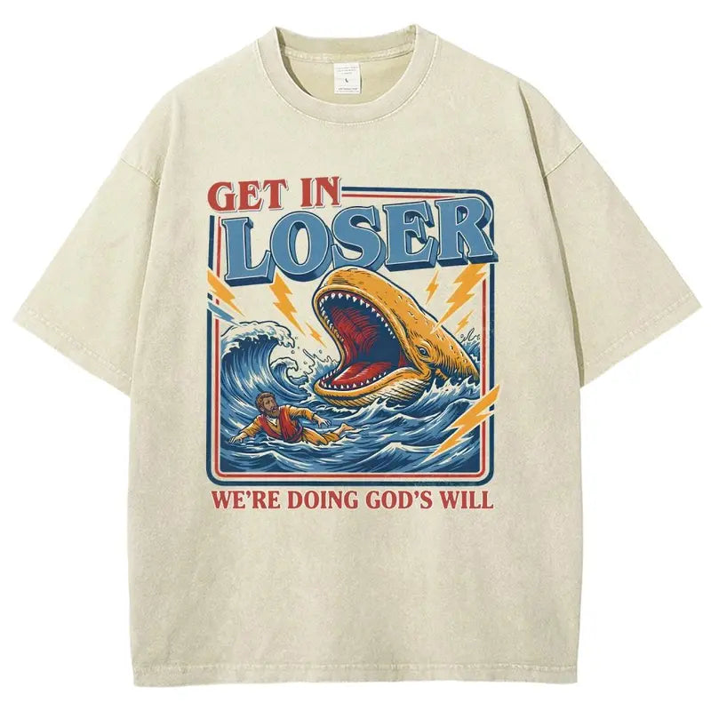 Men's Unisex Cotton Round Neck Oversized Washed T-Shirt - Jesus Christian Streetwear, Jonah and the Whale Graphic, "Get In Loser We're Doing God's Will" Verse, Faith Humor Fabric Style Religious Gift