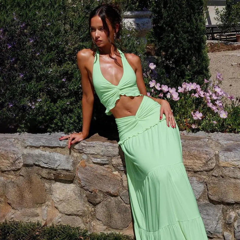 Backless Crop Top & Ruched Skirt Two Pieces Set Women's 2026 Summer & Fall New Clothes Sleeveless Halter Neck Top & Skirt Ladies Holiday Vacation Beach Lightweight Outfits Solid Color Skirt Suit