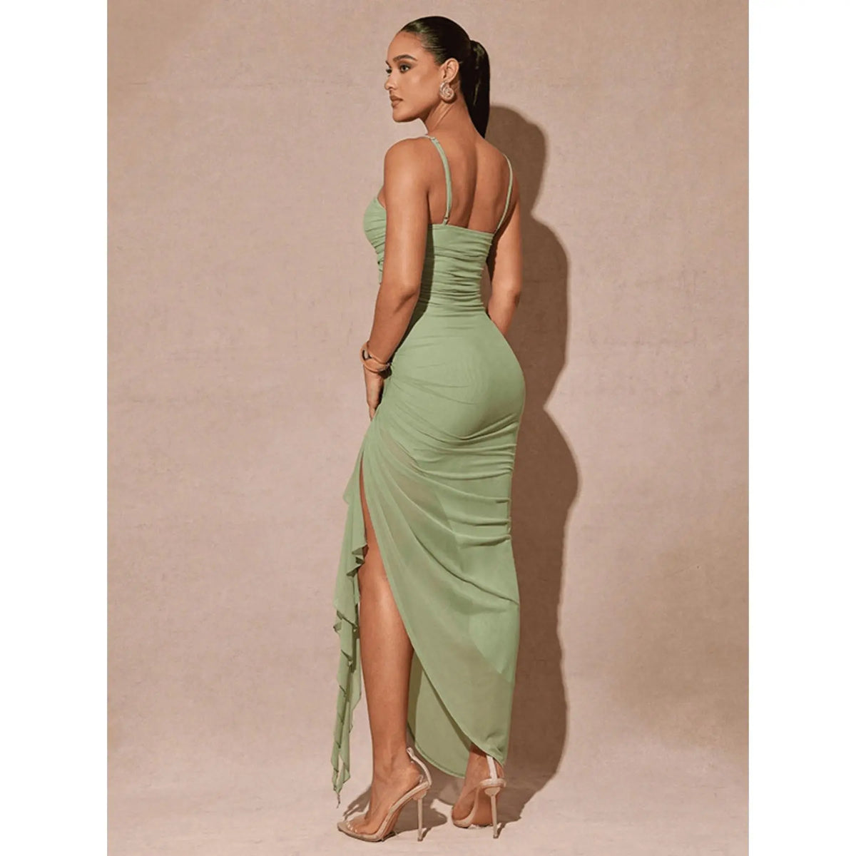 Sexy Elegant Halter Sleeveless Dress for Women, Summer New Arrival, Tight-Fitting Split Hem Ruffle Backless Long Dress, Trendy Fashion