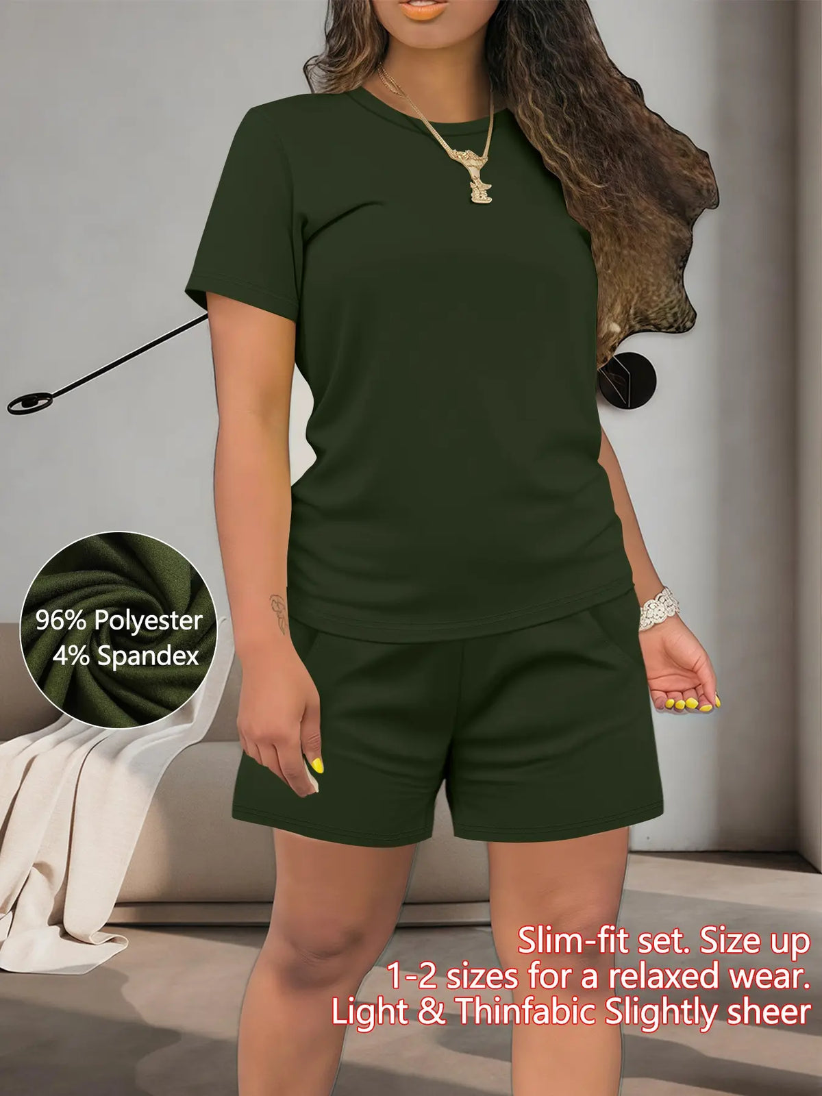 Women's Summer Casual Basic Set, Polyester Spandex, Regular-Fit Short-Sleeve Top & Shorts, Plain Color, Comfortable for Daily Wear, Outfit, Clothes