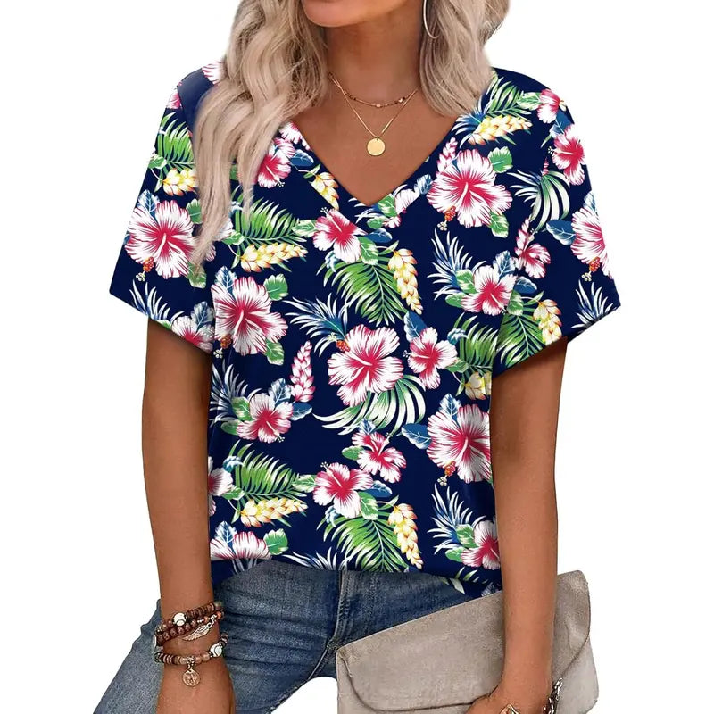 WIHOLL Women's 2026 Summer Basic Trendy Blouses - V-Neck Shortsleeve Lightweight Digital Print 12 Top, Stylish Dressy Casual Vacation Outfit, Women's Clothing