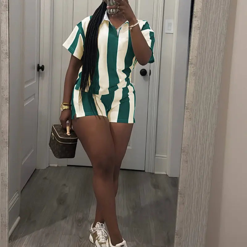USBOUTIQUE CHIC Women's 2026 Spring Two Piece Set Striped Short Sleeve Top & Drawstring Shorts Casual Outfit for Comfort