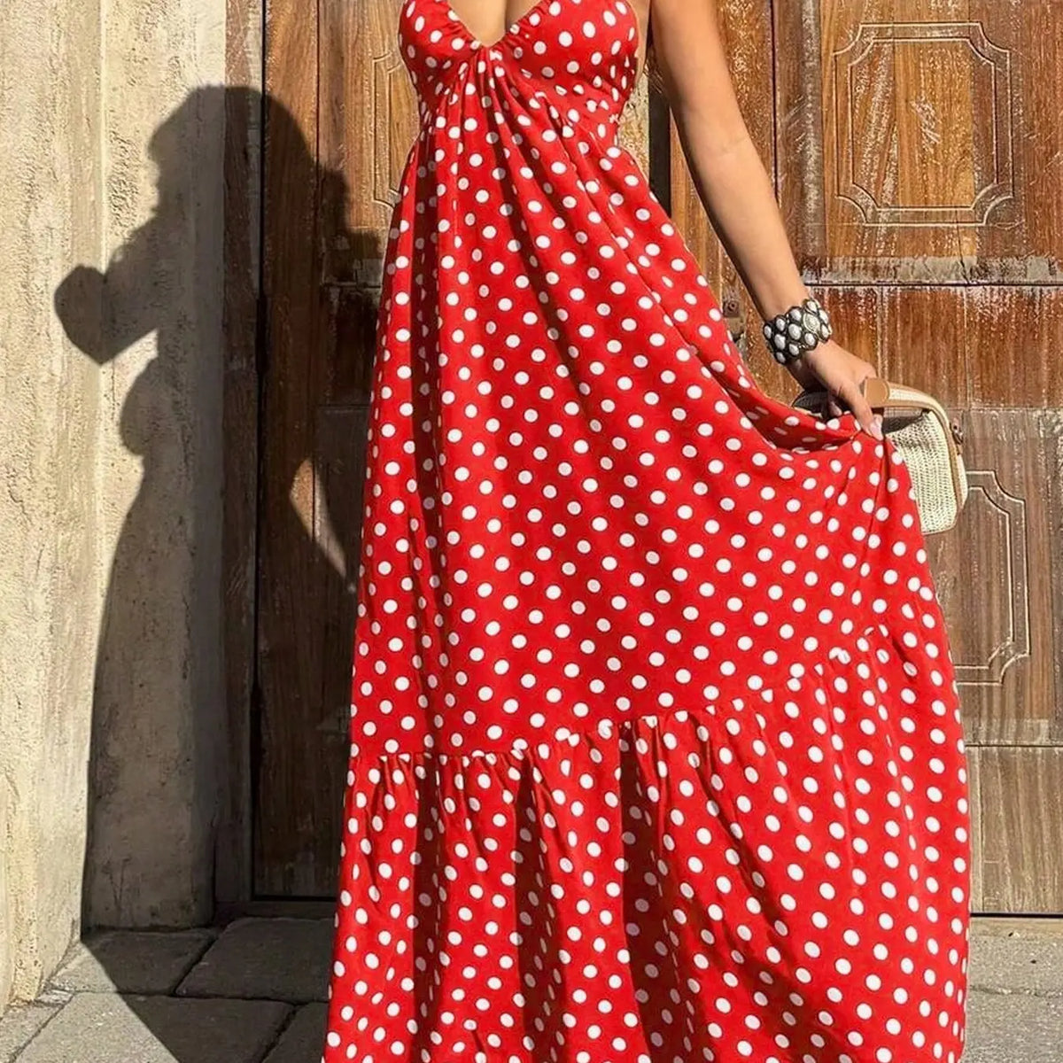 Polka Dot Halter Maxi Dress with Deep V-Neck, Open Back Tie Closure and Tiered Hem, Empire Waist Flowy Elegant Classy Flattering Long Dress for Summer, Vacation and Evening Wear
