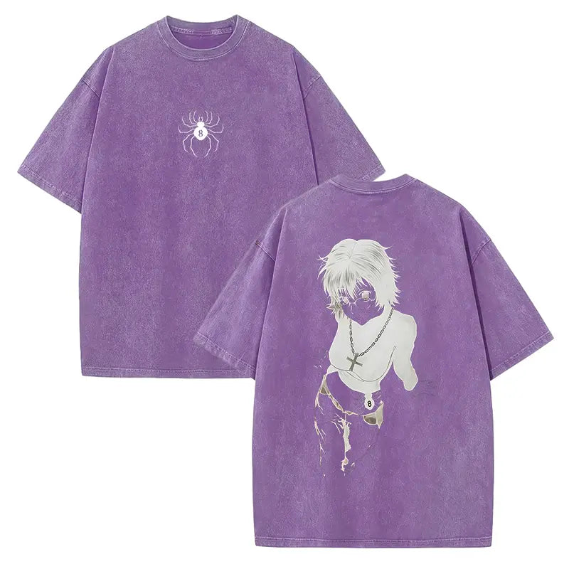 Men's Hunter X Hunter Shizuku Graphic T-Shirt - 100% Heavyweight Cotton, Vintage Washed, Ribbed Elastic Knit, Short-Sleeve, Loose Baggy Fit, Casual Anime Merchandise, Round Neck Graphic Shirt, Size L