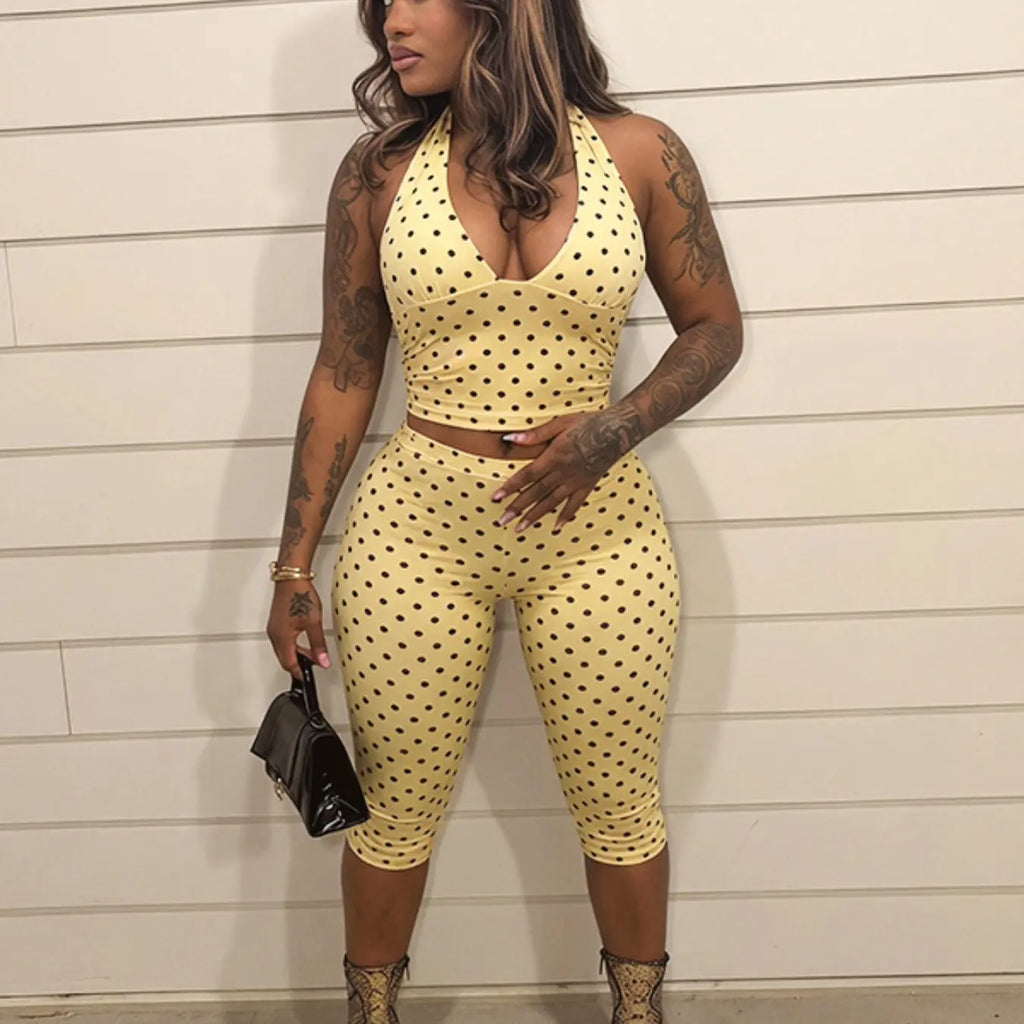 Women's Polka Dot Halter-Neck Top and Capri Leggings Pants Set, Casual Pants Set, New for Summer, Comfortable Versatile Two-Piece with Slimming Fit