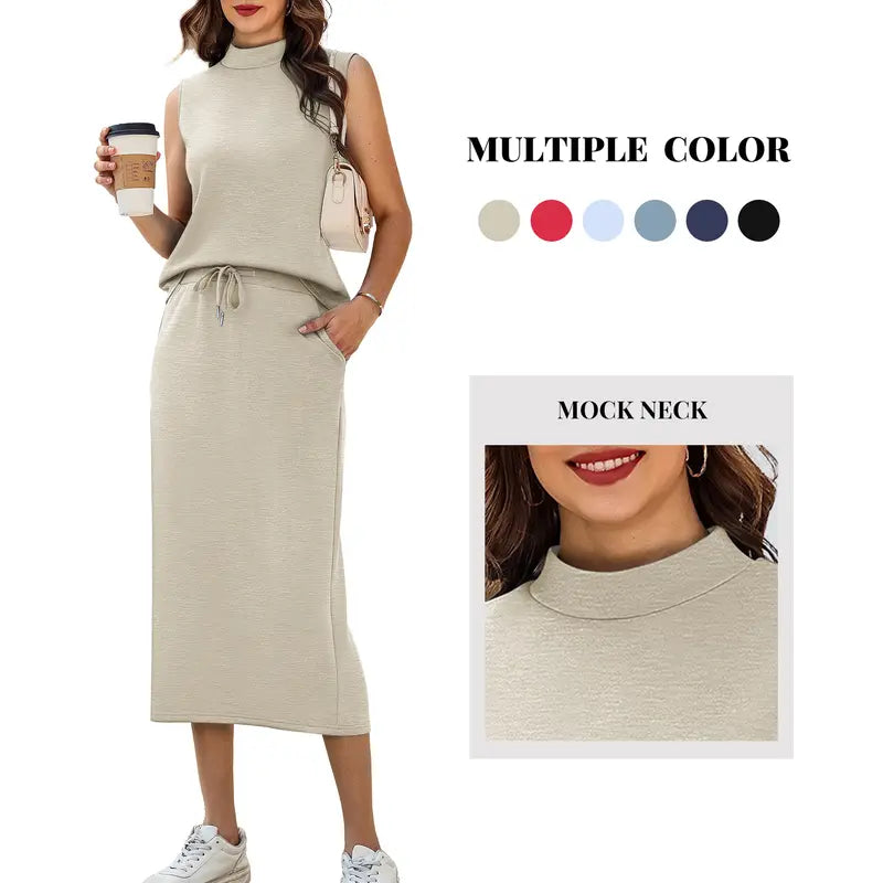 Casly Lamiit Women's 2-Piece Soft Fabric Crew Neck Cap Sleeve Top & Drawstring Midi Skirt Set with Pockets, Summer Lounge Basics Outfits