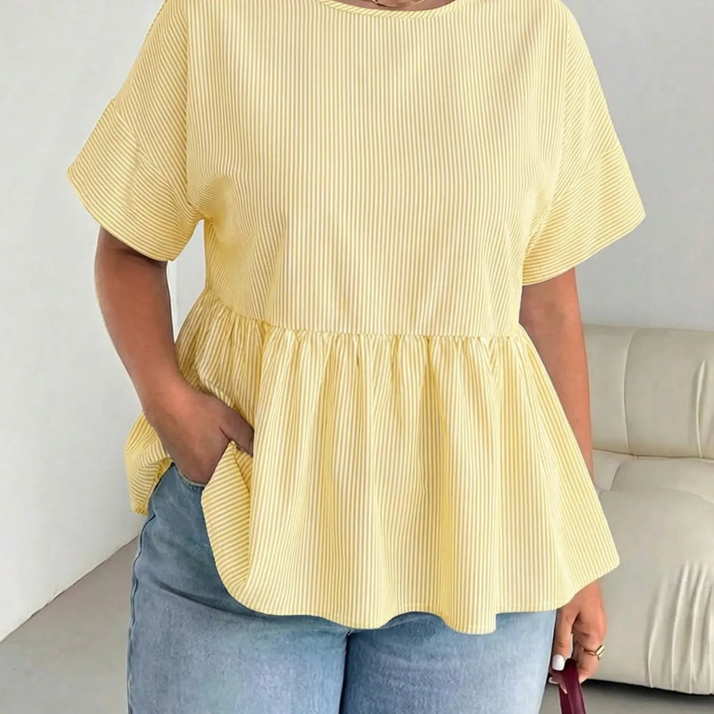 Plus Size Oversize Solid Striped Ruffle Top, Loose Fit Women's Round Neck Short Sleeve Shirt Blouse, Perfect for Daily Wear, Fashionable, Casual, Aesthetic and Versatile, Ruffled Everyday, Bohemian Casual Top, Boho Bohemian Blouse, Summer Vibes Tops