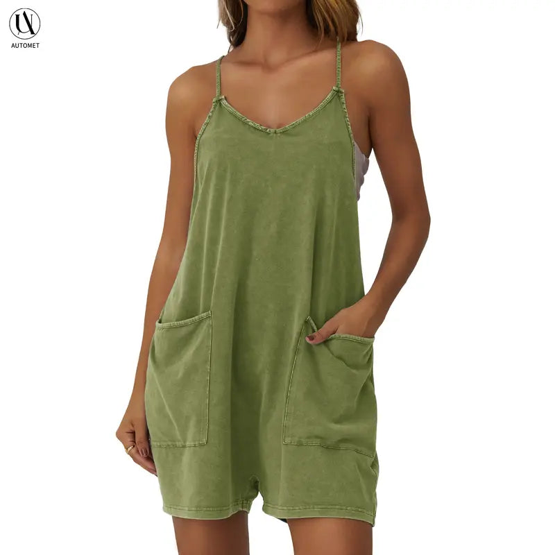 AUTOMET Women's Minimalist Acid Wash Cotton Blend Jumpsuit, Casual Comfy Spaghetti Strap Summer Romper with Pockets, Fashion Apparel, Clothes Products, Women's Clothes, Minimalist Vibe, One-Piece Romper Ease