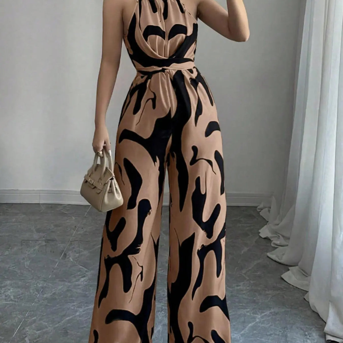 Women's All-Over Print Halter Neck Wide-Leg Jumpsuit, One Piece Jumpsuits, Sleeveless Casual Party Jumpsuit for Holiday Vacation & Daily Wear, Ladies' Spring & Summer Clothes