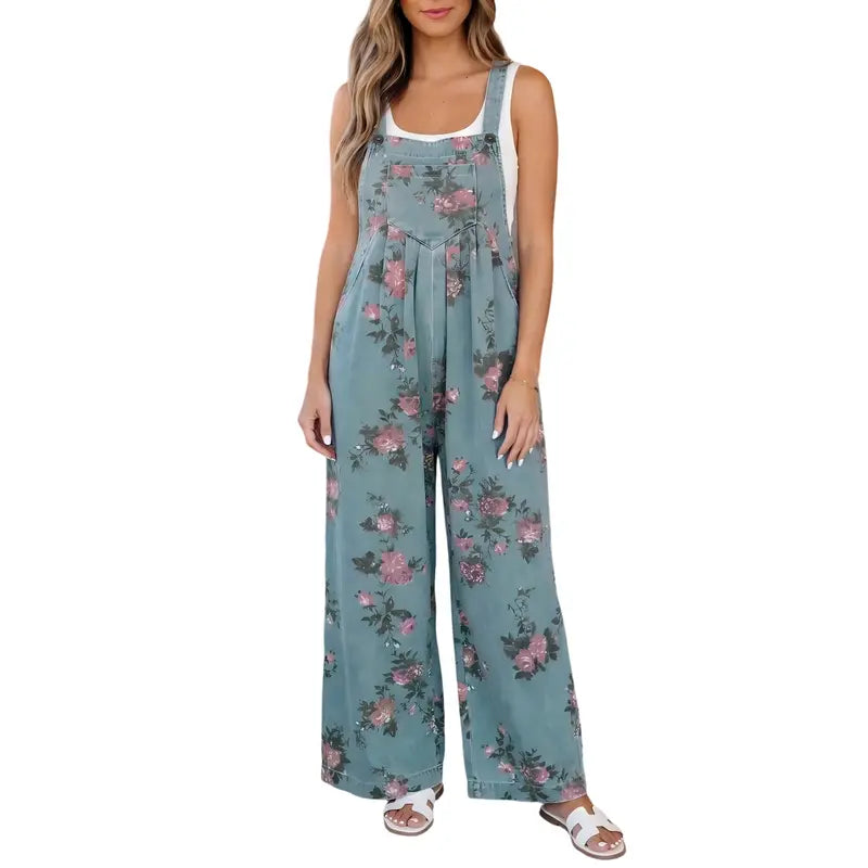 Mntaor Women's Trendy High Waist Wide Leg Denim Jumpsuit Beau Blue Floral Print Pleated Detail Comfortable Stretch Instant Outfit for Vacations Date Nights Work From Home Womenswear Overalls