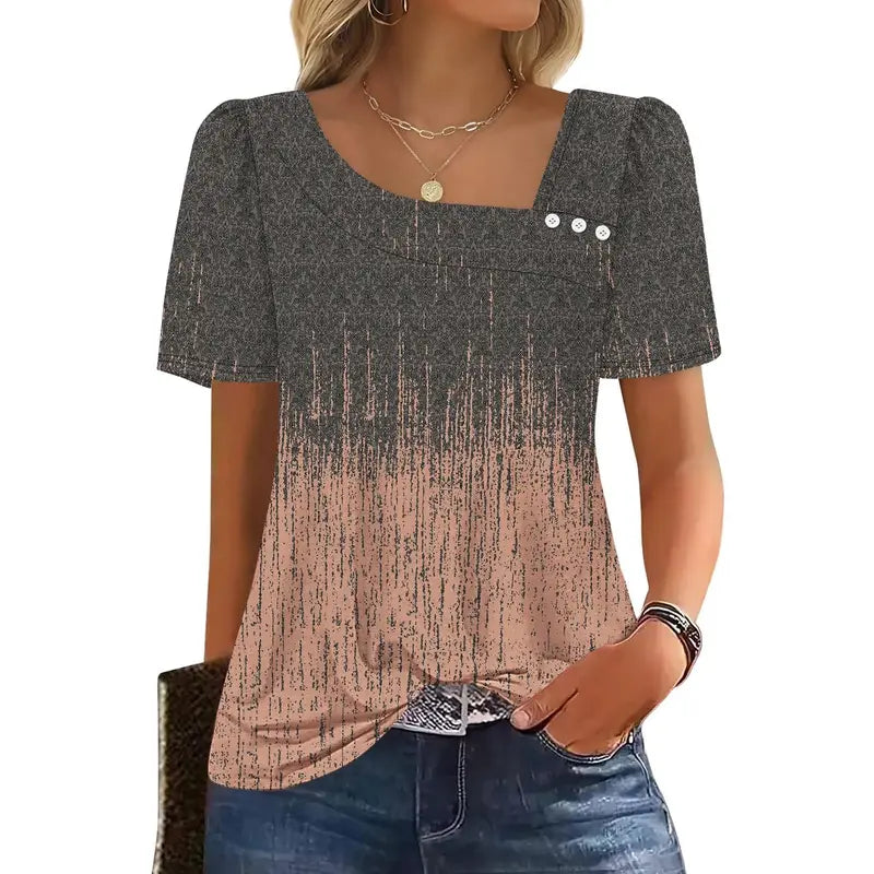 WIHOLL Women's Striped Short-Sleeve Boat Neck Blouse - Elegant Dressy Casual Loose-Fit Top with Button Detail, Soft Stretch Polyester Blend, Chic Aesthetic Blouses & Shirts, Check Size Chart, Back-to-School Outfits