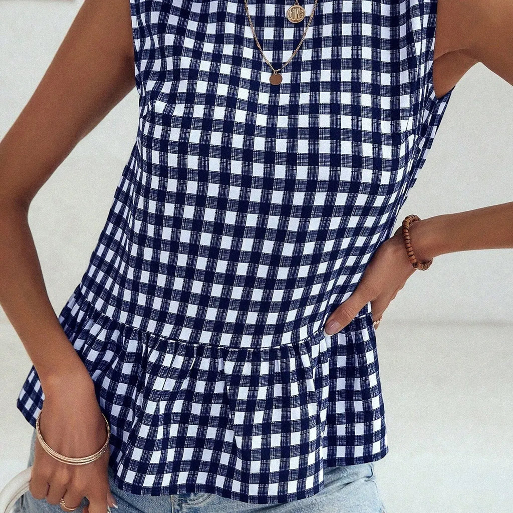 Women's Casual Aesthetic Green Plaid Print Sleeveless Top, Summer Tops Trendy Commute and Vacation Essential, Ruffled Hem Design, Perfect for Everyday Wear