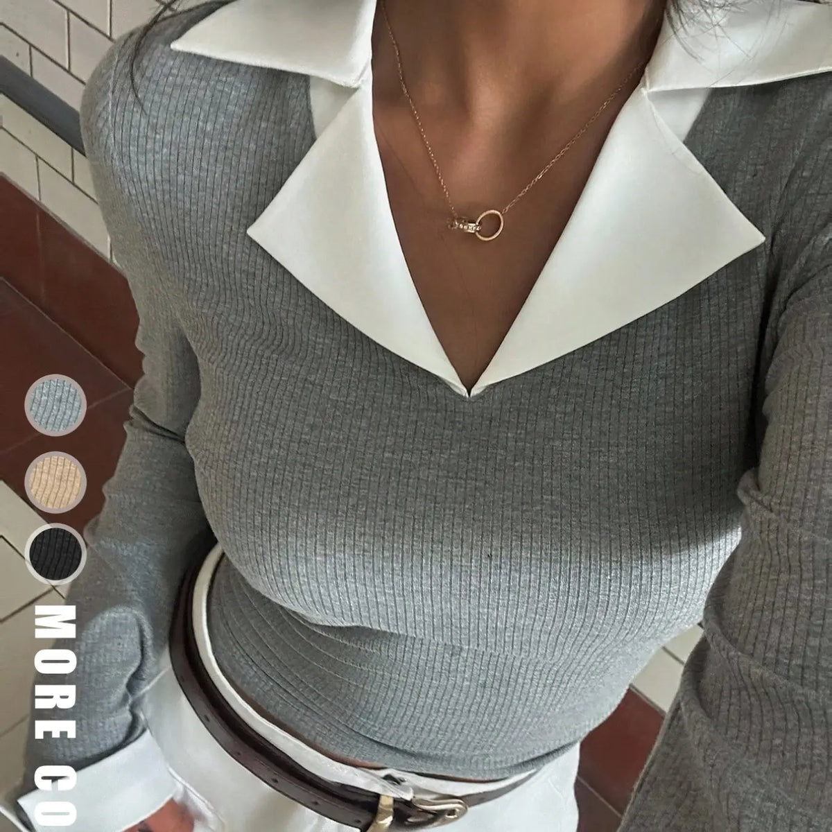 Women's Autumn Colorblock V-Neck Long Sleeve Top, Comfortable Inner Layer, Casual Daily Wear, Simple Striped Fleece Material