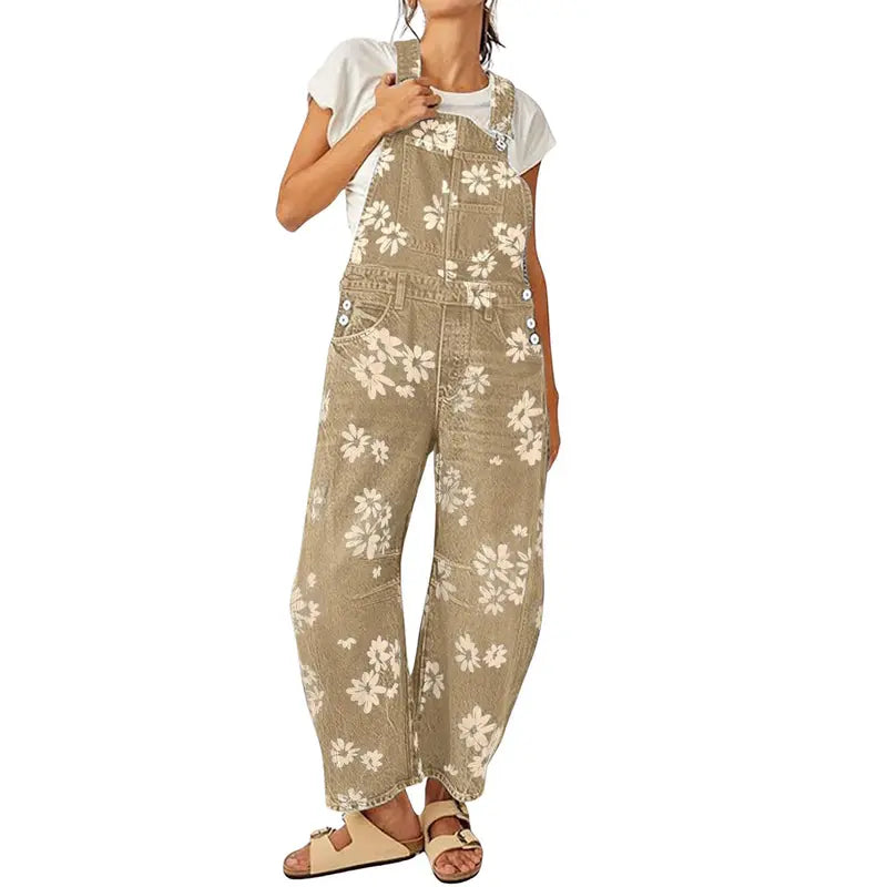 UTCOCO Women's Printed Floral Patchwork Vintage Denim Overalls - Baggy Barrel Leg, Boyfriend Style, Zipper Detail, Party-Ready Wide Leg Outwear Piece