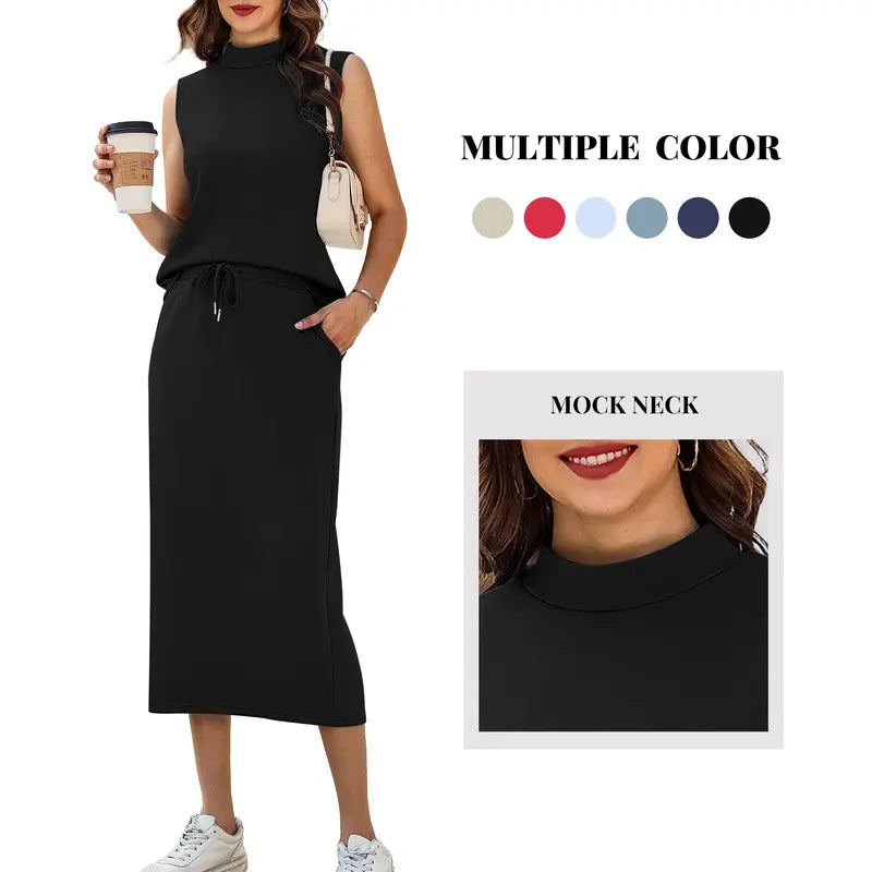 Casly Lamiit Women's 2-Piece Soft Fabric Crew Neck Cap Sleeve Top & Drawstring Midi Skirt Set with Pockets, Summer Lounge Basics Outfits