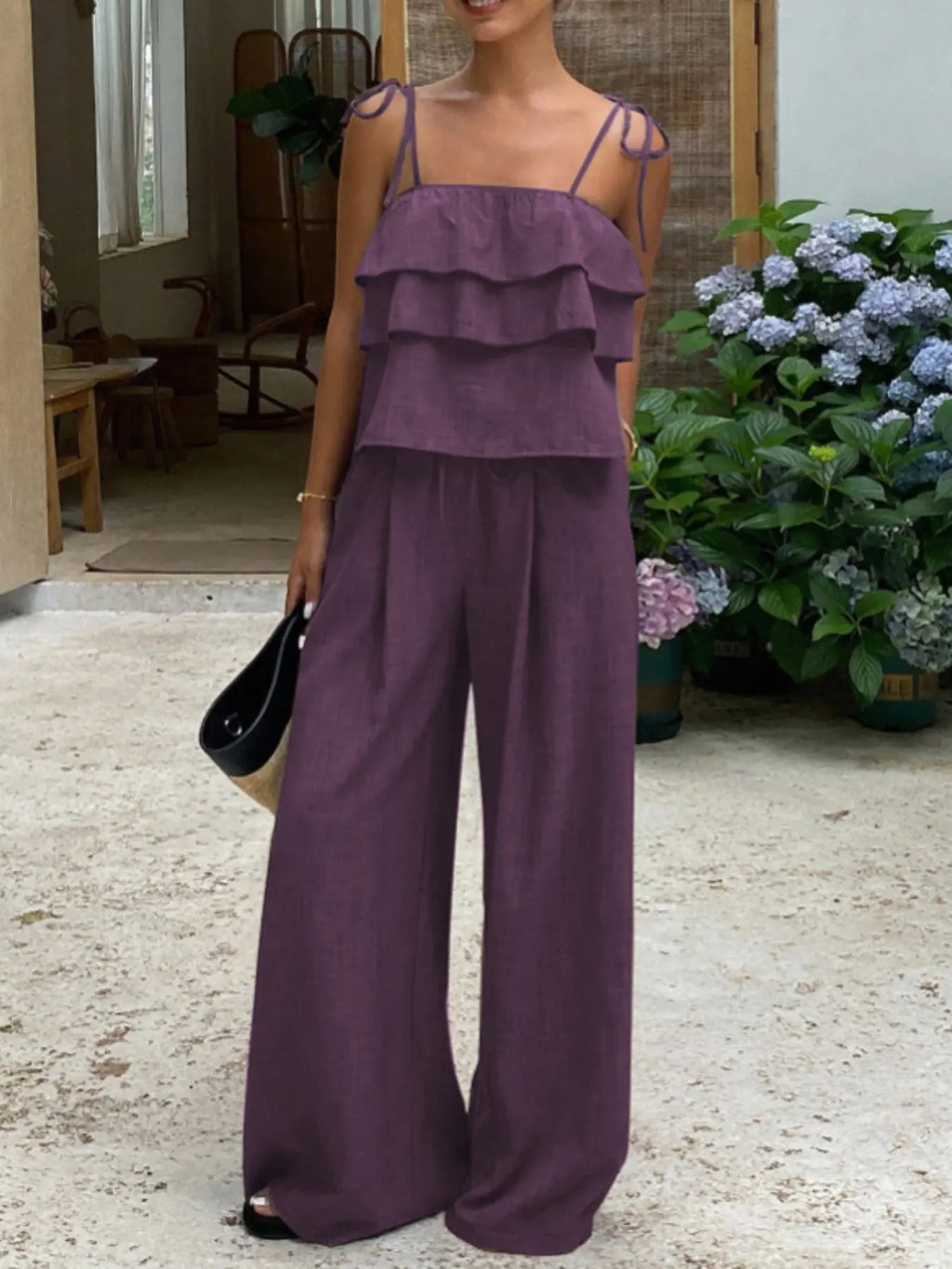 Women's Two-Piece Set, Womenswear, Sleeveless Ruffles Top & Loose Fit Oversized Long Pants, Spring Summer Casual Minimalist, High-Waisted Wide-Leg Design, Two Pieces Outfits