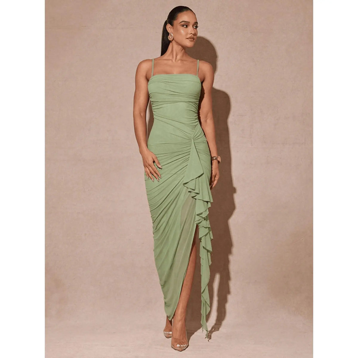 Sexy Elegant Halter Sleeveless Dress for Women, Summer New Arrival, Tight-Fitting Split Hem Ruffle Backless Long Dress, Trendy Fashion