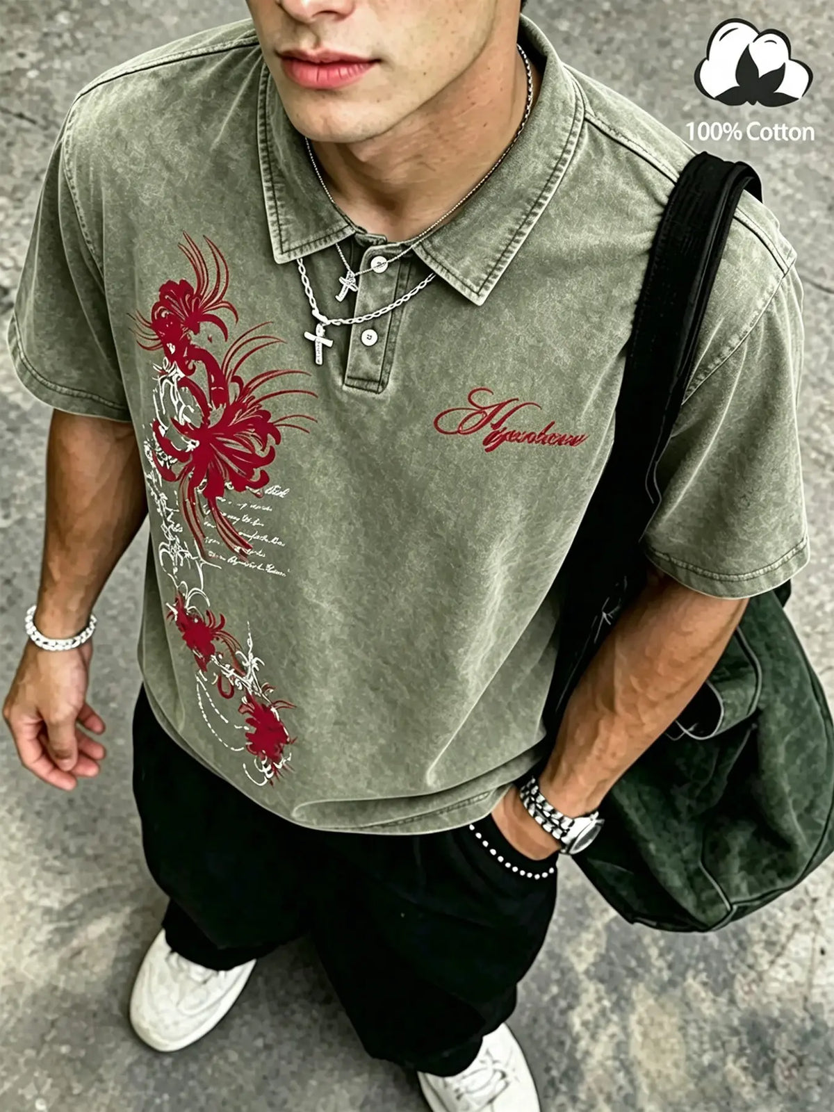 Unisex Dark Gothic Casual 100% Cotton Washed Floral Spider Lily Print Oversized Polo Shirt, Y2K American Retro Top, High Street Style, Casual Polo Shirts