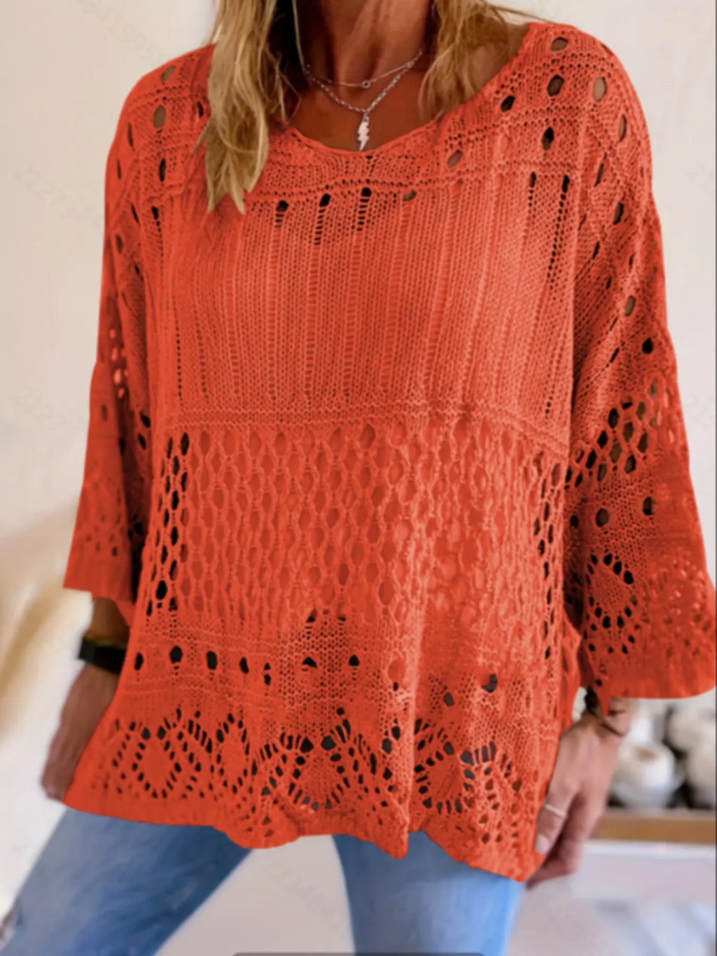 Plus Size Women's Summer Hollow Out Round Neck Knit Top, Oversized, Casual Elegant Vacation Style, Loose Oversize Batwing Shoulder, Spring Summer Wear, Sweater Knitwear