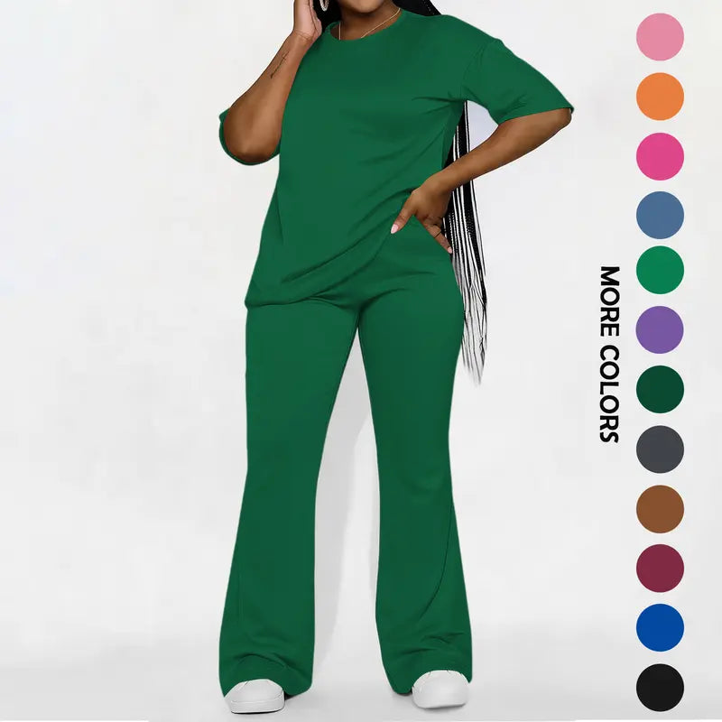 Women's Solid Drop Shoulder 2-Piece Set - Half Sleeve Crewneck (Round Neck) Fitted Minimalist Tee & Pants, Casual Cozy Womenswear for Daily Outdoor Fall Wear, Casual Women's Set Suits Basic Shortsleeve Clothes, Matching Sets, Stylish Women's Wear
