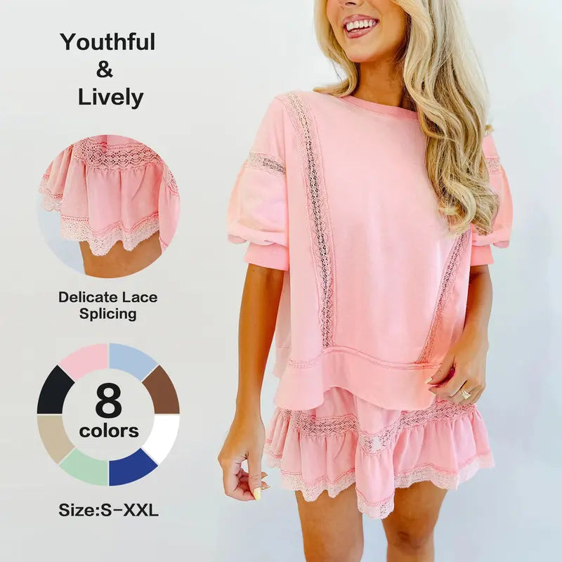 Fisoew Women's Cotton Lace Trim 2-Piece Set - Short Puff Sleeve Top & Ruffled Shorts, Trending Casual Matching Set for Summer Vacation Beach Lounging, Soft Ready-to-Wear Lacy Outfit SohoChic