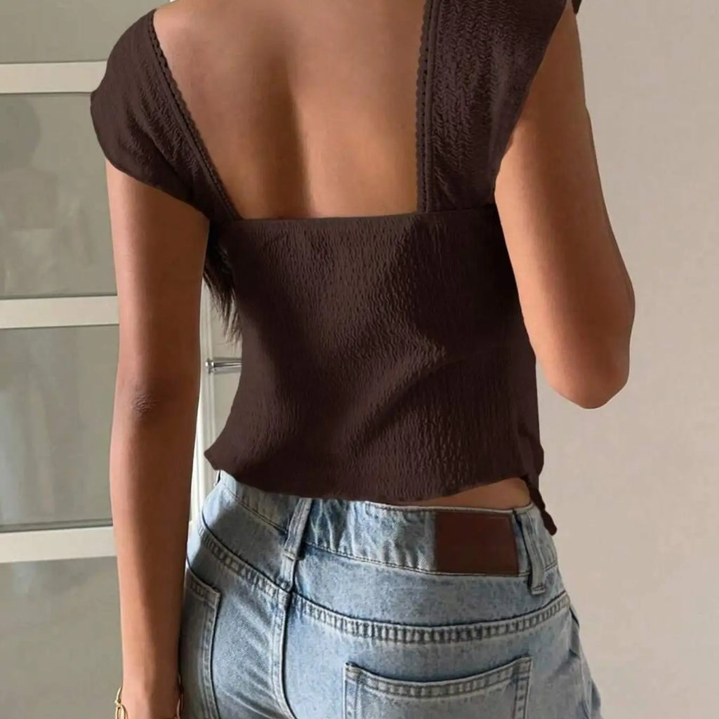 Women's Plain Textured Knit Layered Hem Ruffles Sweetheart Neck Short Sleeve Elegant Chic Casual Classy Tops T-Shirt, Perfect for Everyday Streetwear