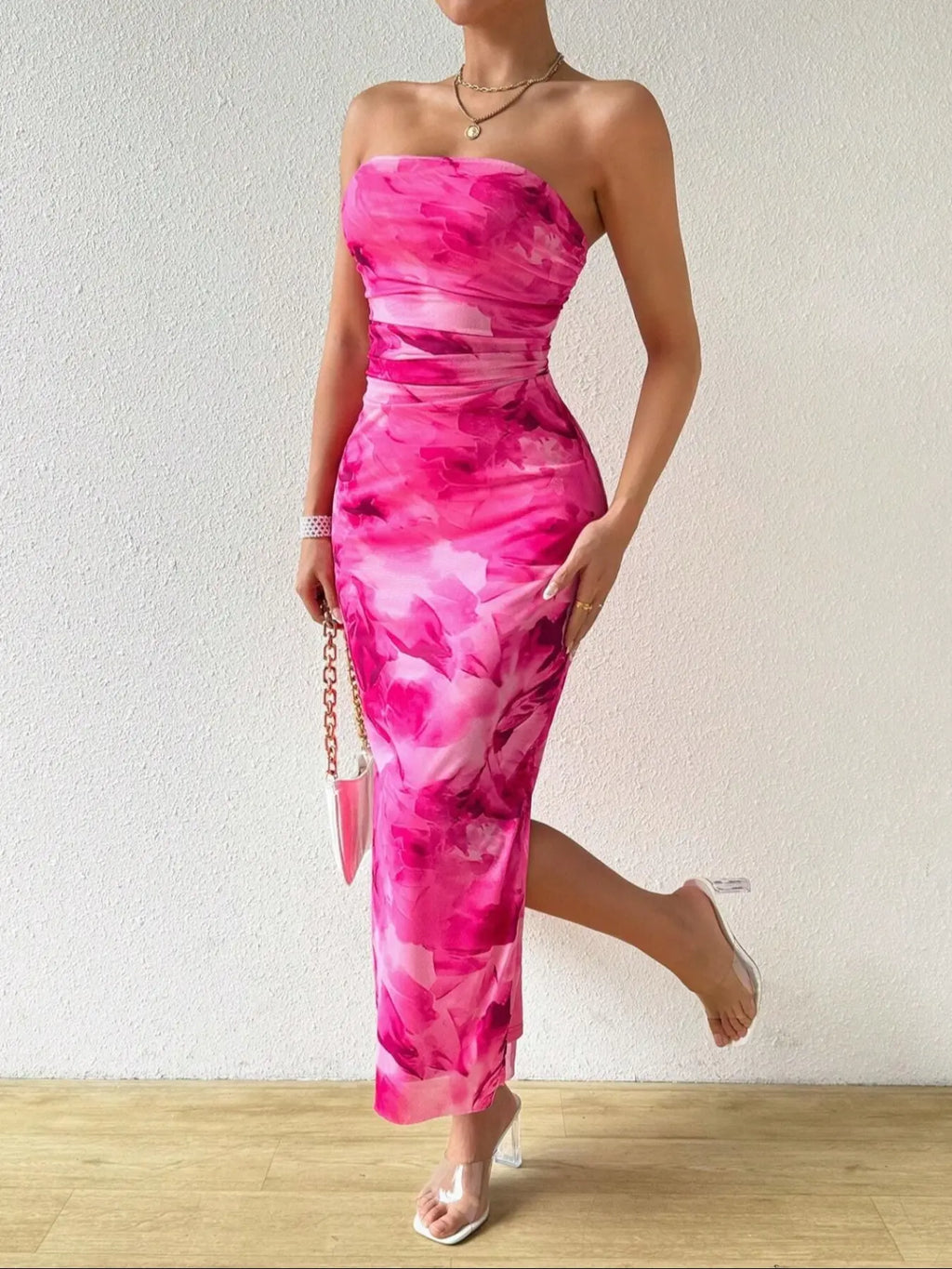 LovelyWholesale, Mother's Day Under $10, Women's All Over Print Ruched Backless, Strapless, Sleeveless Split Thigh Bodycon Fit Tube Dress, Sundress Maxi Dress, Elegant Fashion Dress, for Spring And Summer, Beach Holiday Elegance, Backless Fitted Dress
