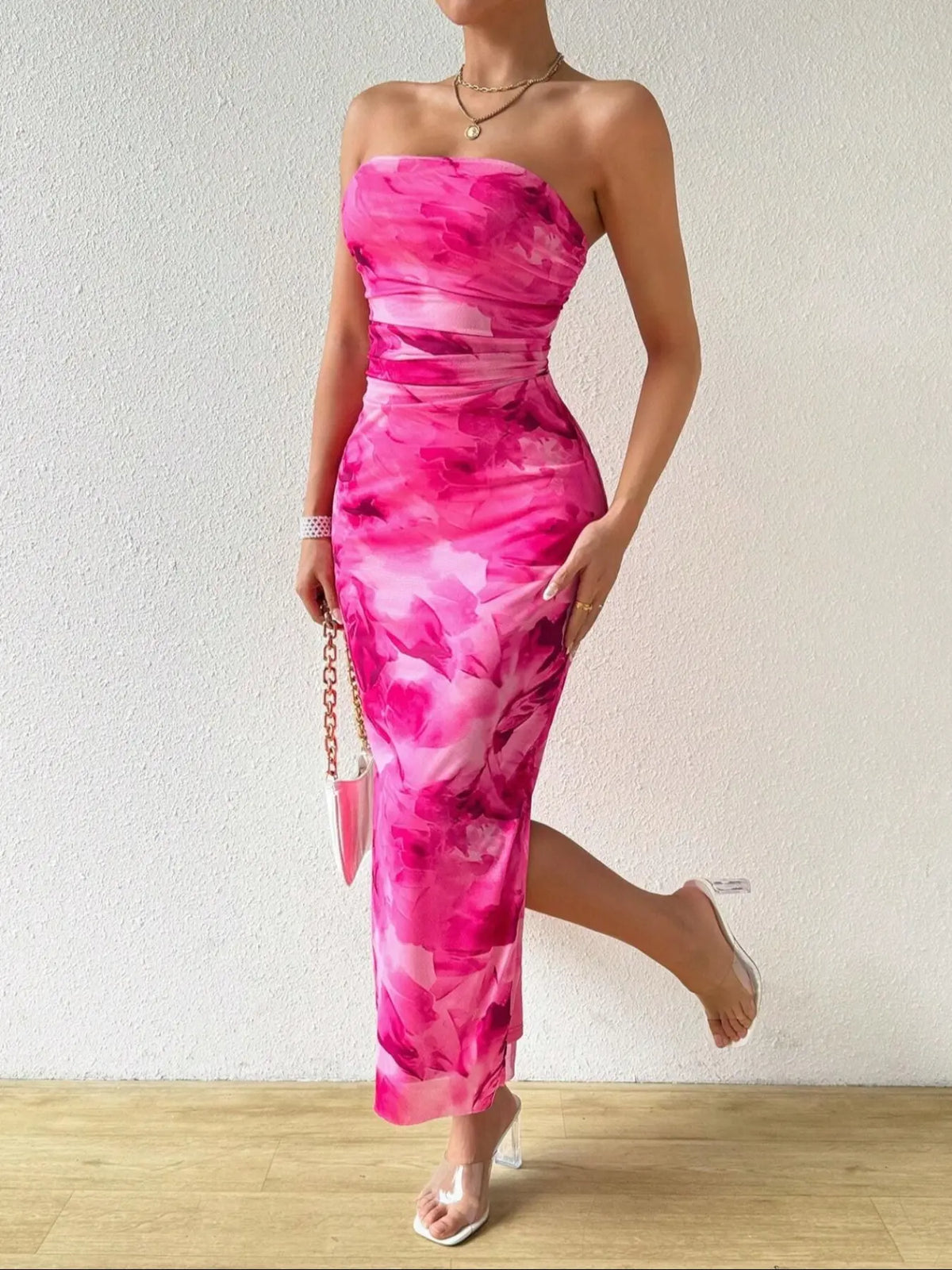 LovelyWholesale, Mother's Day Under $10, Women's All Over Print Ruched Backless, Strapless, Sleeveless Split Thigh Bodycon Fit Tube Dress, Sundress Maxi Dress, Elegant Fashion Dress, for Spring And Summer, Beach Holiday Elegance, Backless Fitted Dress