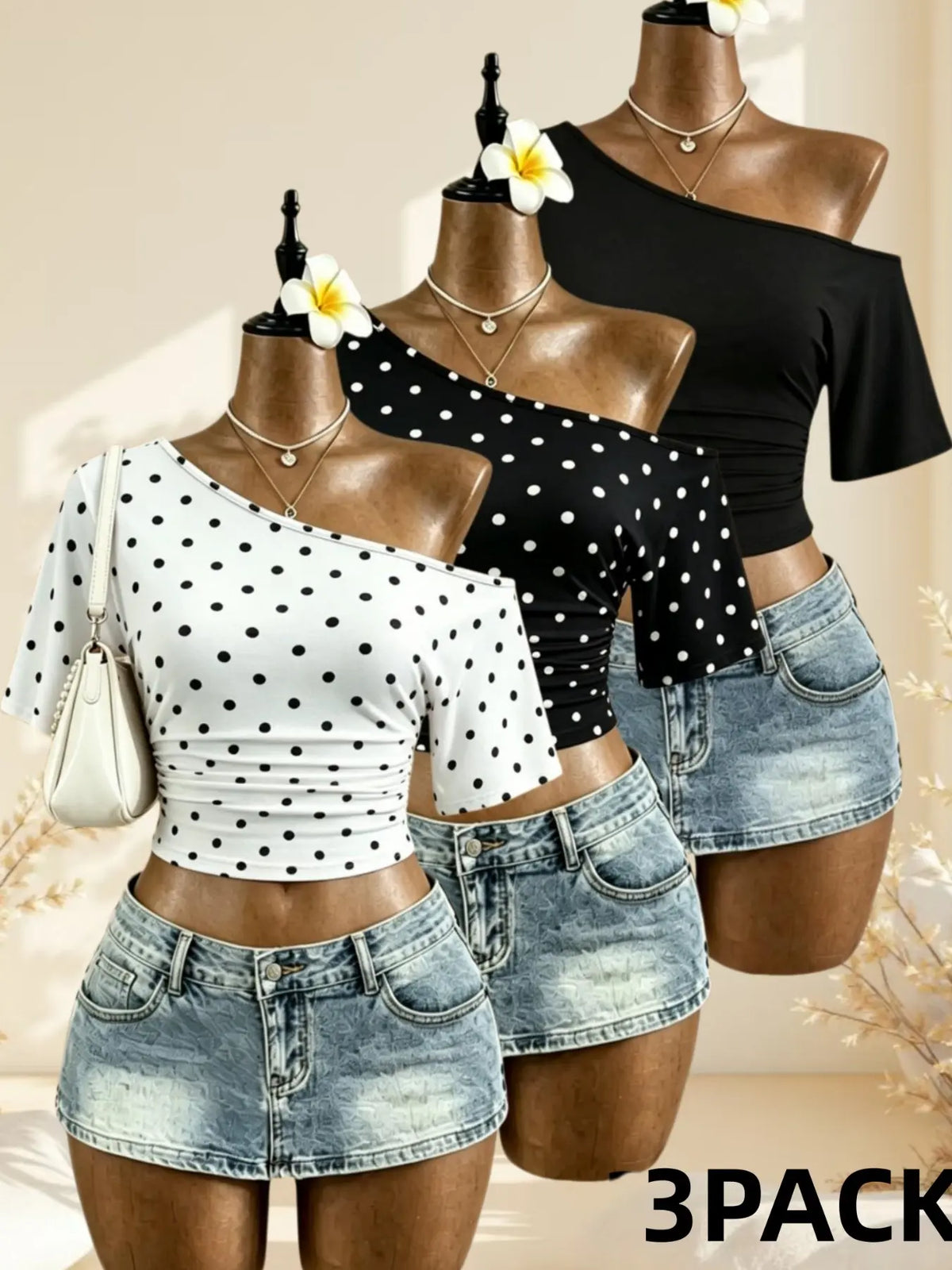 American Vintage Summer Asymmetrical Shoulder Pleated Short Sleeve Top, Polka Dot Solid Color Waist Cinch Slim Fit T-Shirt Set of Three