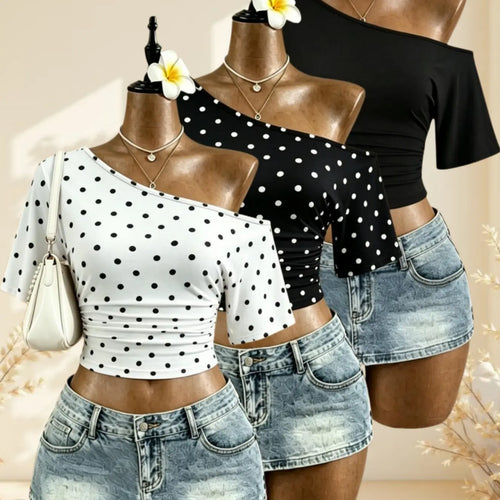 American Vintage Summer Asymmetrical Shoulder Pleated Short Sleeve Top, Polka Dot Solid Color Waist Cinch Slim Fit T-Shirt Set of Three