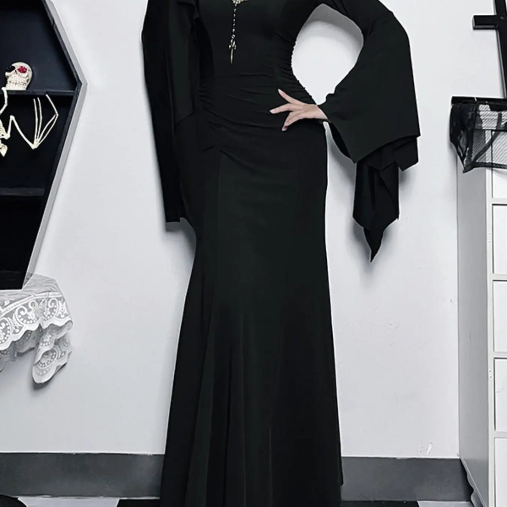 Women's Solid Color Ruched Mermaid Maxi Bodycon Fitted Dress, Chic Elegant Formal Sweetheart Neck Batwing Long Sleeve Evening Party Gown, Fall & Winter Clothes, Womenswear