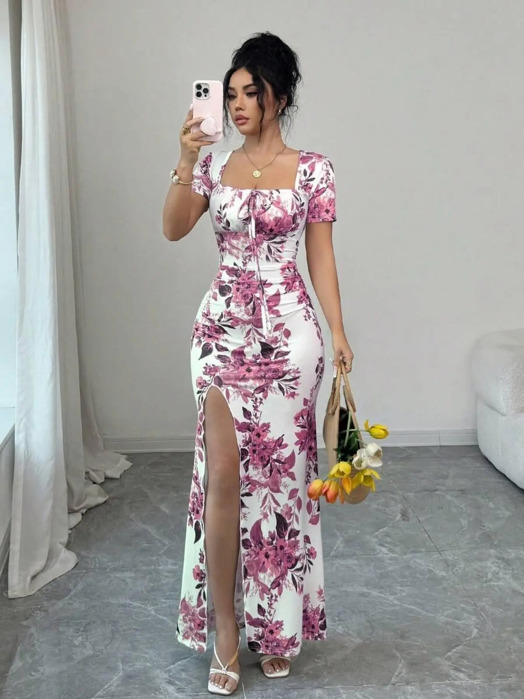Women's Summer Split Hem Short Sleeve Long Formal Dress, Elegant Waist Cinch Dress for Vacation, Beach & Holiday, Floral Print Evening Gown, Dress Up Gown, Printed Dress