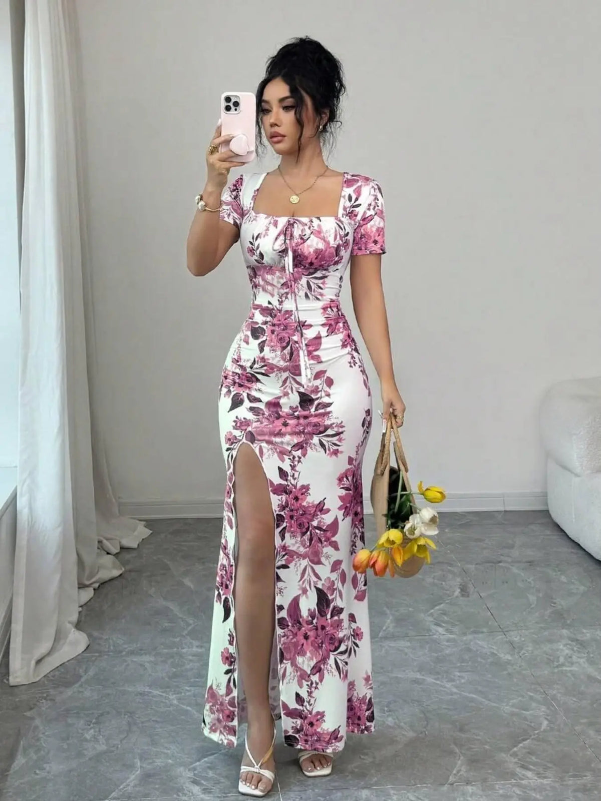 Women's Summer Split Hem Short Sleeve Long Formal Dress, Elegant Waist Cinch Dress for Vacation, Beach & Holiday, Floral Print Evening Gown, Dress Up Gown, Printed Dress