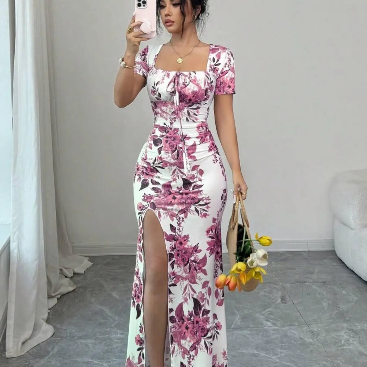Women's Summer Split Hem Short Sleeve Long Formal Dress, Elegant Waist Cinch Dress for Vacation, Beach & Holiday, Floral Print Evening Gown, Dress Up Gown, Printed Dress