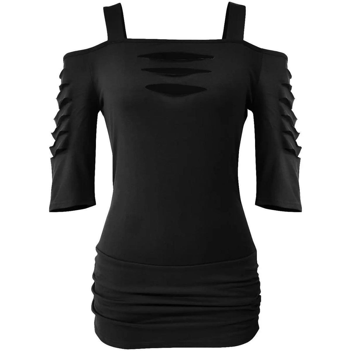 Choove Women's Cold Shoulder 3/4 Sleeve Top, Cutout Strap Detail and Ruched Sides, Slim Fit Going Out Shirt