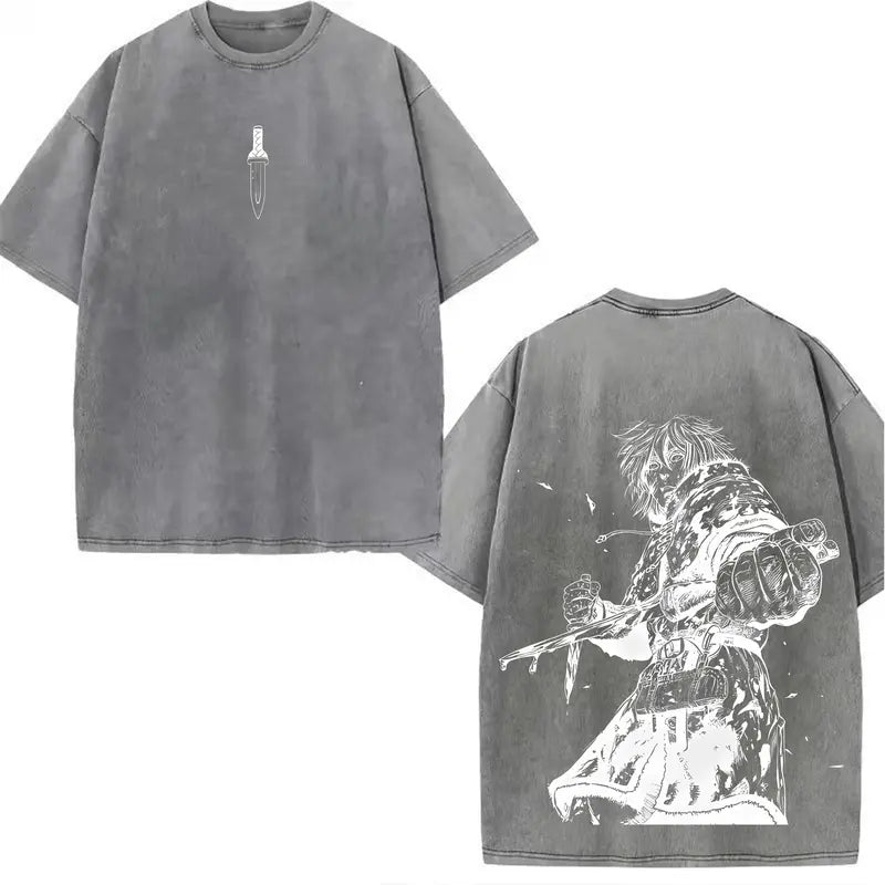 Men's Oversized Distressed Cotton Graphic T-Shirt - Anime Warrior Back Print, Washed Streetwear, Drop Shoulder, Round Neck, Shortsleeve, Mens Clothing, Vintage Graphic Shirts, Casual Tops, Anime Merchandise, Menswear