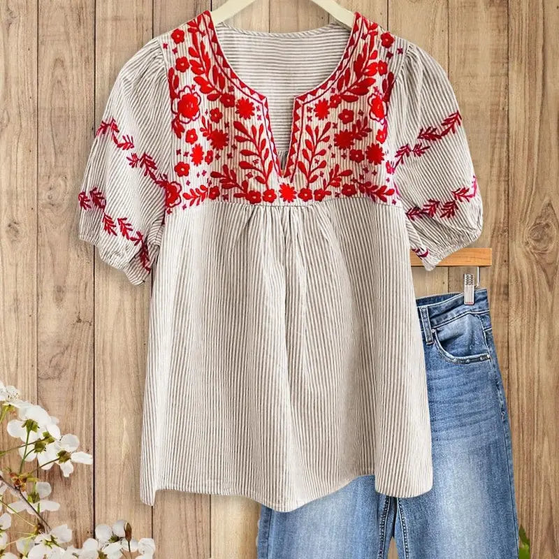 Women's SageVell Trending Boho Striped Blue-Khaki Blouse - Lady's Chic V-Neck Puff Sleeve Top with Delicate Red Floral Embroidery, Soft Fabric, Boho Clothes (Medium)