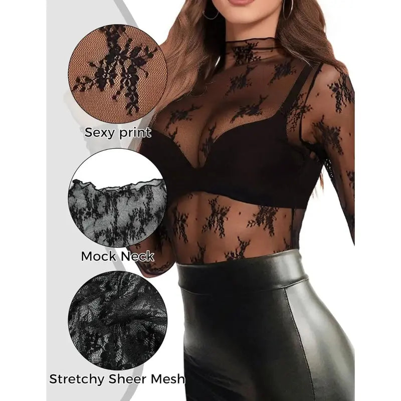 Women's 3-Pack Sheer Floral Embroidery Lace Long Sleeve Mock Neck Blouse Shirts (Black+White+Coffee) - Shirts for Women, Feminine Look, All Seasons Sports & Outdoor Camping Travel Essentials Tops