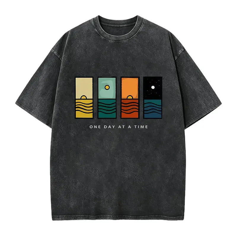 Acid Wash Vintage One Day At A Time Graphic T-Shirt, Minimal Retro Daily Casual Tee, Heavyweight Cotton Streetwear Unisex Crewneck Tshirt