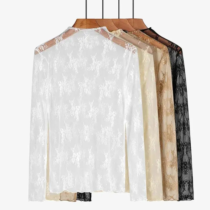 Women's 3-Pack Sheer Floral Embroidery Lace Long Sleeve Mock Neck Blouse Shirts (Black+White+Coffee) - Shirts for Women, Feminine Look, All Seasons Sports & Outdoor Camping Travel Essentials Tops