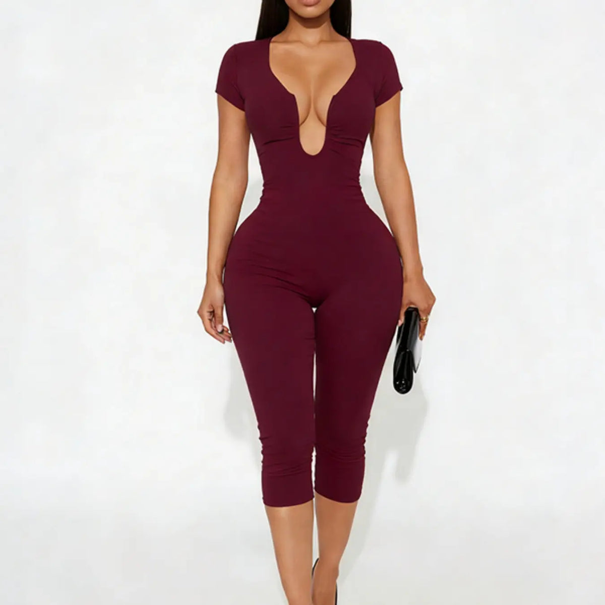 Women's Basic Solid Color U Neck Jumpsuit, Casual Slim-Fit Capri Jumpsuit for Daily Wear, Summer Fashion Womenswear