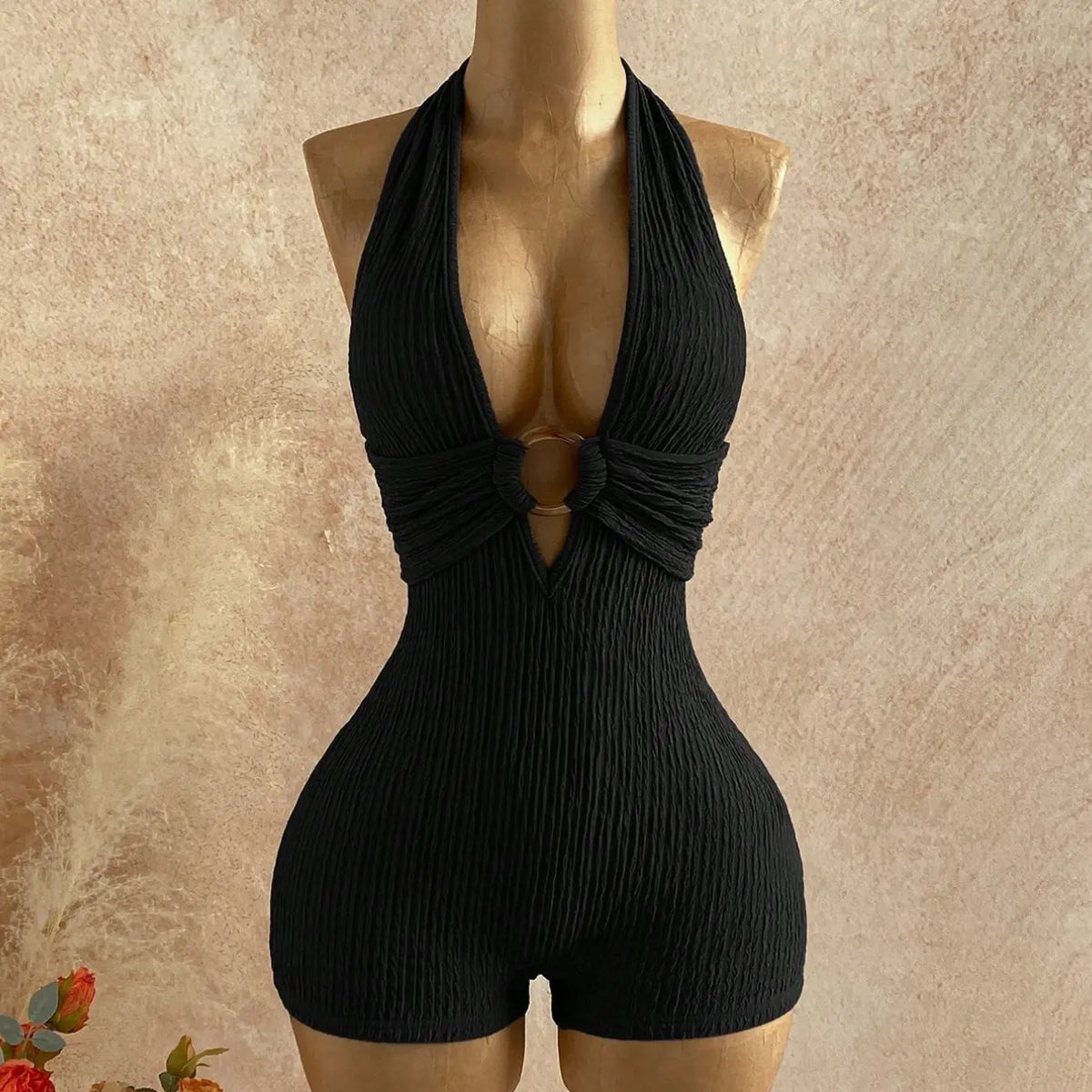 Women's Backless Halter-Neck Sleeveless One-Piece Short Chic Romper with Belt, Stylish Comfortable All-Season Daily Wear