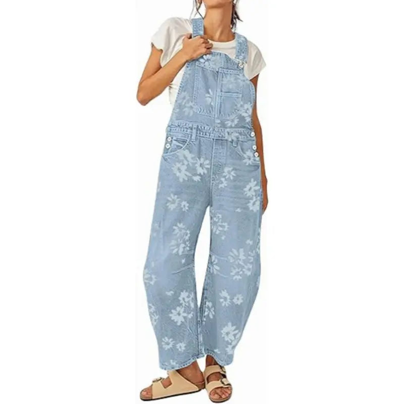 UTCOCO Women's Printed Floral Patchwork Vintage Denim Overalls - Baggy Barrel Leg, Boyfriend Style, Zipper Detail, Party-Ready Wide Leg Outwear Piece