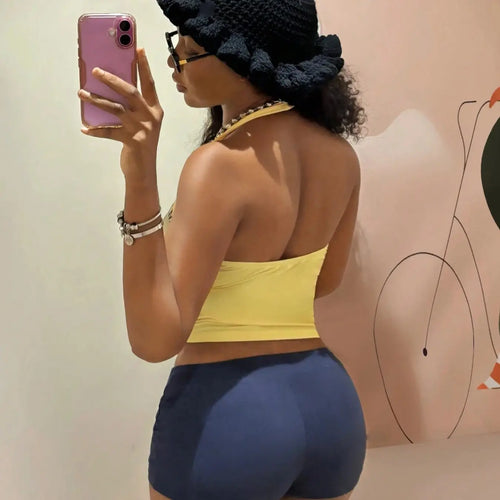 90s Retro College Y2K Aesthetic Casual 825 Distressed Number Print Halter Crop Women Ruched Sleeveless Fitted Tank Outfit For Instagram Holiday Street Selfies