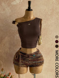 Y2K Aesthetic Casual Womenswear One-Shoulder Sleeveless Metallic Accent Crop Top & Vintage Fringe Tweed Shorts Set Striped Sets Shorts Sets Outfits Summer Sets