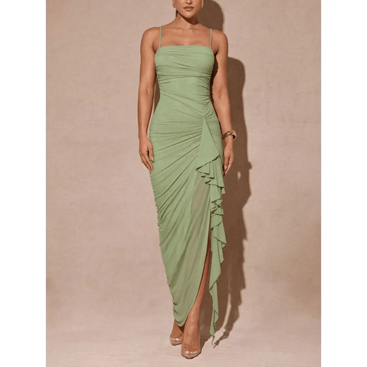 Sexy Elegant Halter Sleeveless Dress for Women, Summer New Arrival, Tight-Fitting Split Hem Ruffle Backless Long Dress, Trendy Fashion