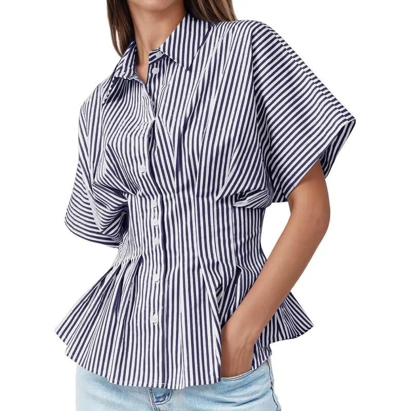 TANKANEO Women's Striped Peplum Button-Down Blouse - Short-Sleeve Batwing, Fitted Waisted, Pleated Polyester Shirts for Women, Flattering Everyday Tops, Breathable Casual Summer Business Wear