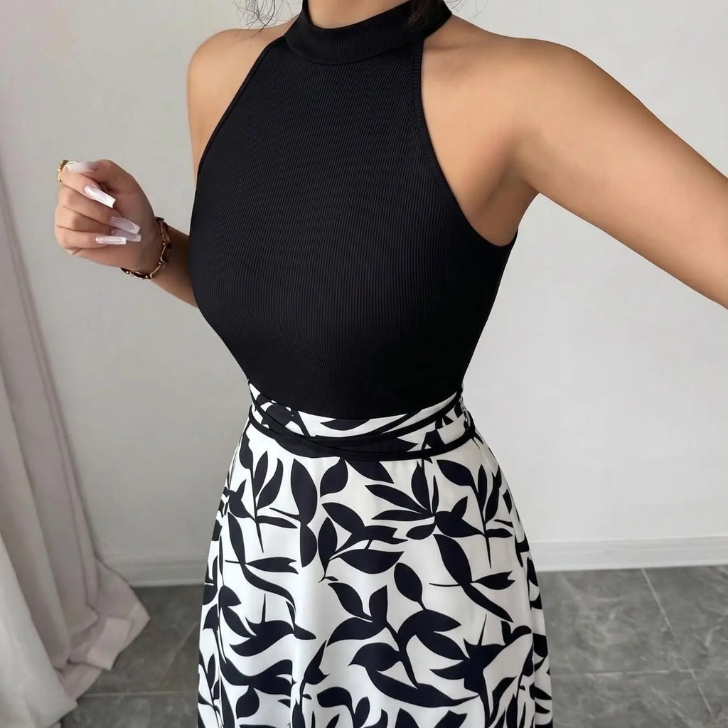 Concert Outfit Dress Women's Casual Feminine Elegant Chic Party Tank Top, Floral Print Patchwork Waist Dress, Medium-Length Sleeveless Summer, Casual Elegant Dresses, Womenswear
