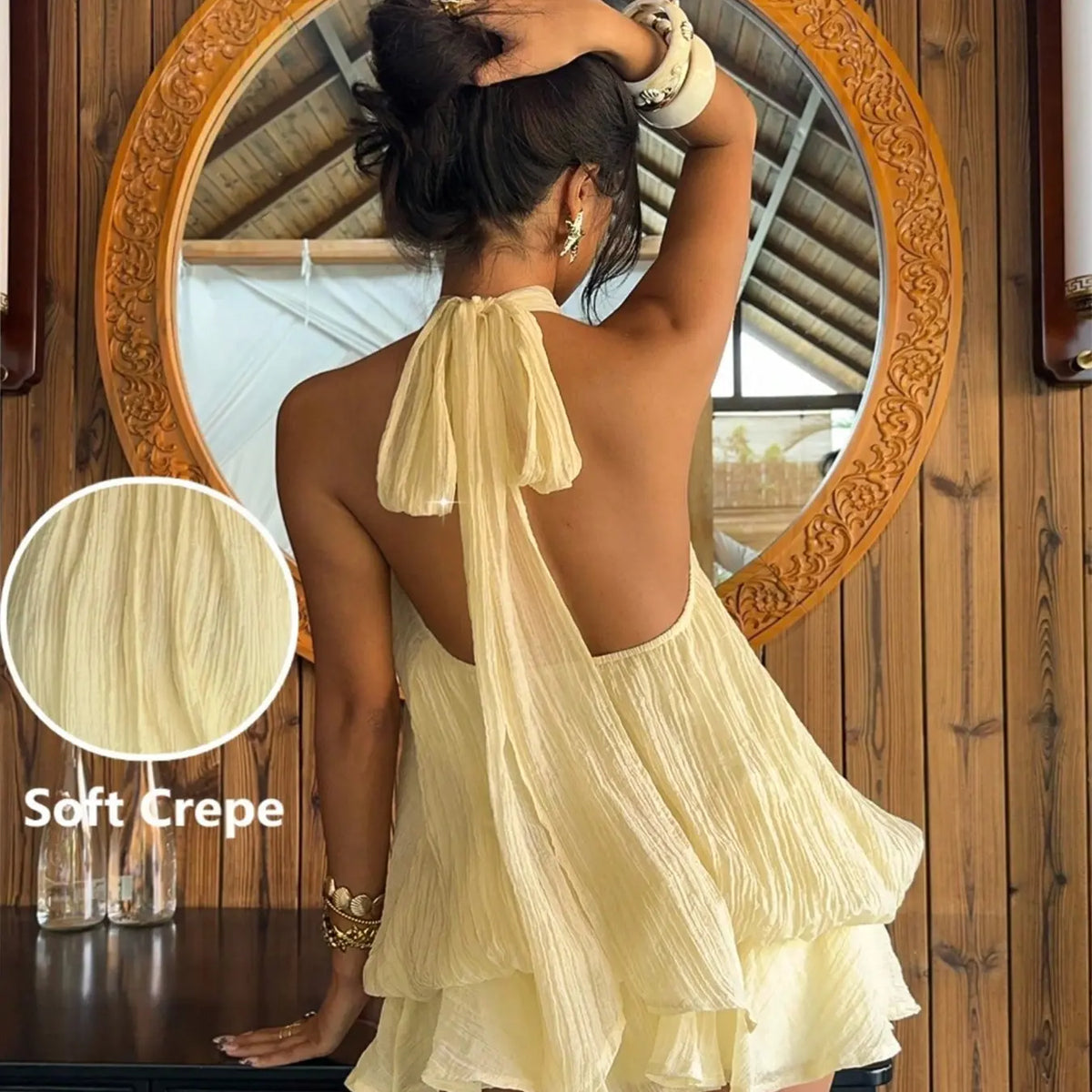 Women's Chiffon Halter Tie Mini Dress, Backless, Women Dating Dress, Women Night Out Dress, Summer Dresses For Women, Honeymoon Outfits Woman, Women Wedding Guest Dress, Island Vacation Outfits, Sun Dresses For Women, Halter Neck, Evening, Formal