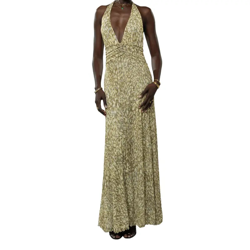 Women Long Dress, Sleeveless Halter Dress Backless Flower/Dots Print Summer Cocktail Dress Womenswear Feminine Formal Light